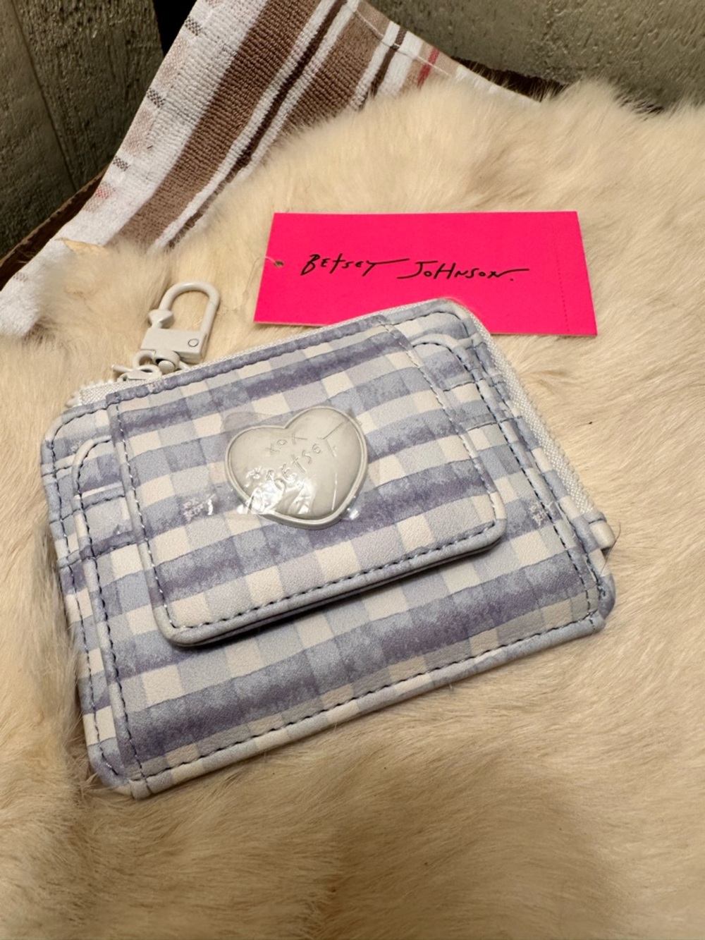 Betsey Johnson Light Blue and White Gingham Card Wallet